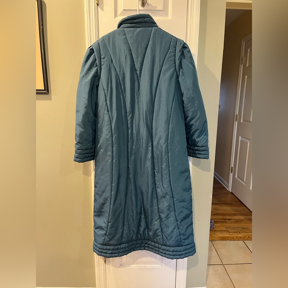 Vintage Mulberry Street Teal Puffer Coat - Retro 80s Puff Sleeve Maxi Jacket M/L - Picture 4 of 10